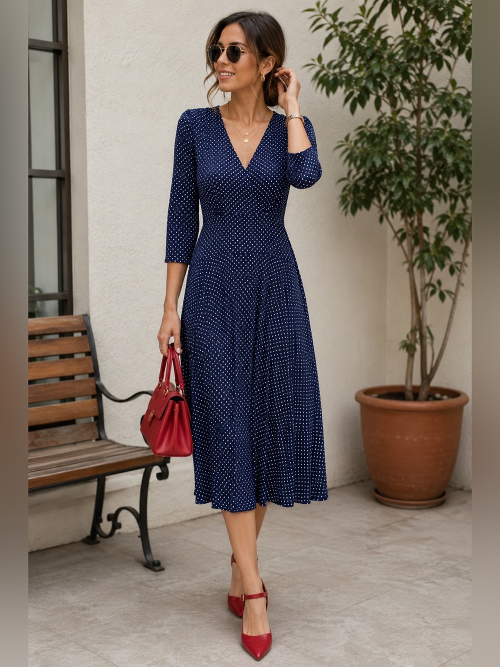 Navy Polka Dot Long-Sleeve V-Neck Midi Dress